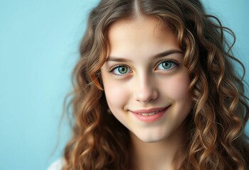 Fototapeta premium Portrait of a 16-year-old female with long, curly brown hair and bright green eyes