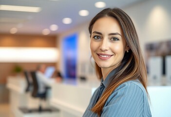 Female receptionist at reception counter with modern design