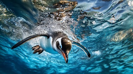 Obraz premium A penguin swimming underwater, with its wings spread out and a splash of water around it. The background is a deep blue ocean.
