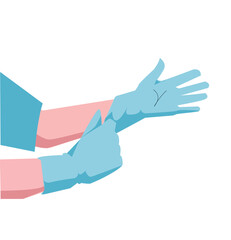 Hospital doctor wearing medical latex gloves on hands. 