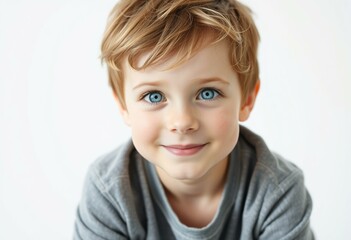 Portrait of a 6-year-old boy with bright blue eyes and messy brown hair