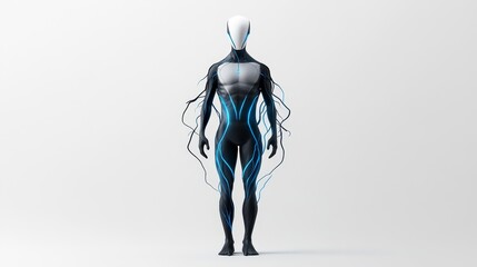 Futuristic humanoid figure with luminous energy flow, showcasing a blend of organic and synthetic designs, perfect for sci-fi, technology, and digital artwork themes.