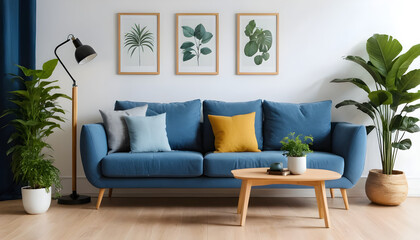 ai of living room blue sofa design and photos frame on wall and wooden floor and wooden table