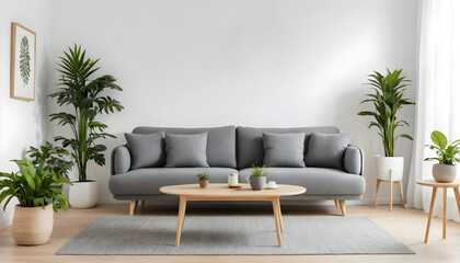 ai of living room grey sofa design and photos frame on wall and wooden floor and wooden table