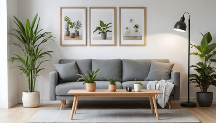ai of living room grey sofa design and photos frame on wall and wooden floor and wooden table