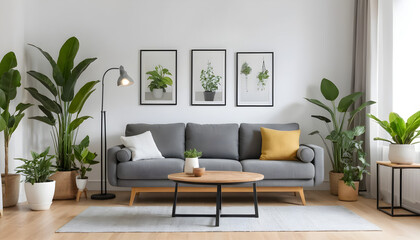 ai of living room grey sofa design and photos frame on wall and wooden floor and wooden table