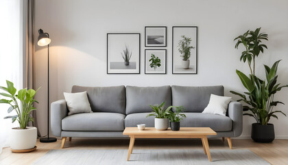 Naklejka premium ai of living room grey sofa design and photos frame on wall and wooden floor and wooden table