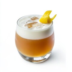 A smoky whiskey sour with a lemon twist, bold and aromatic, isolated white background