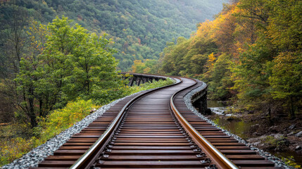 Fototapeta premium Curving train tracks through vibrant rural landscape with autumn foliage