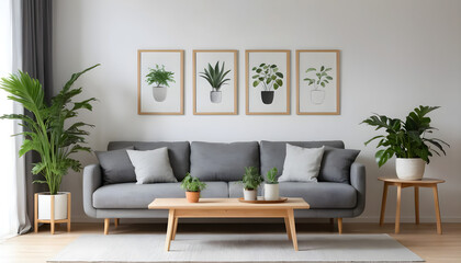 Naklejka premium ai of living room grey sofa design and photos frame on wall and wooden floor and wooden table