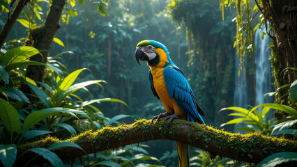 Obraz premium Blue-and-yellow macaw perched on mossy branch in lush tropical rainforest