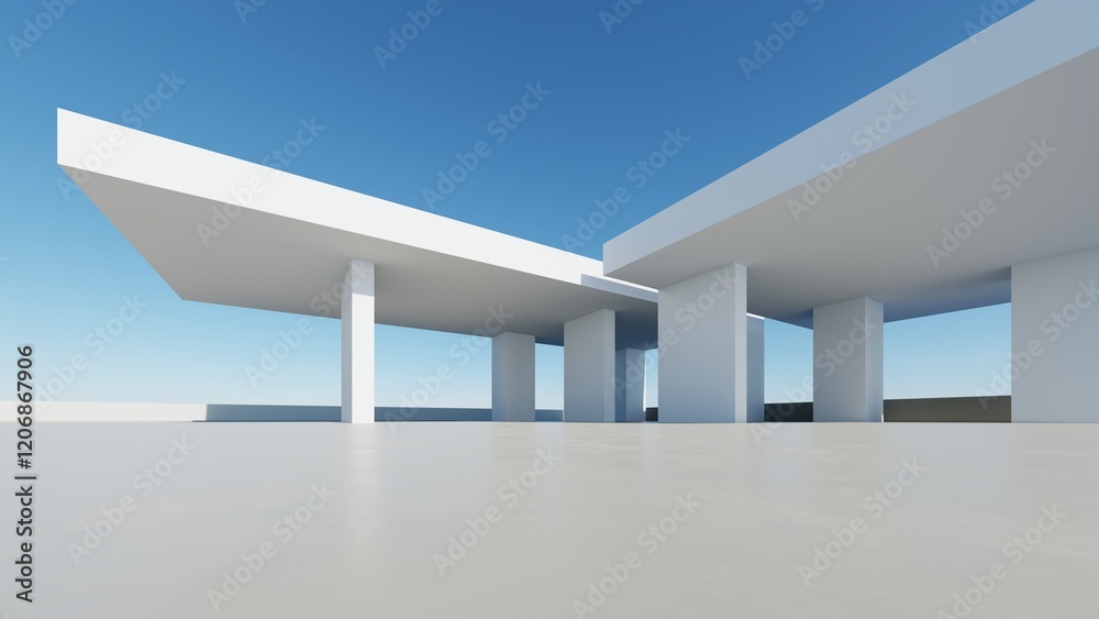 Poster 3d render of abstract modern architecture with empty cement floor, minimal exterior, car presentatio