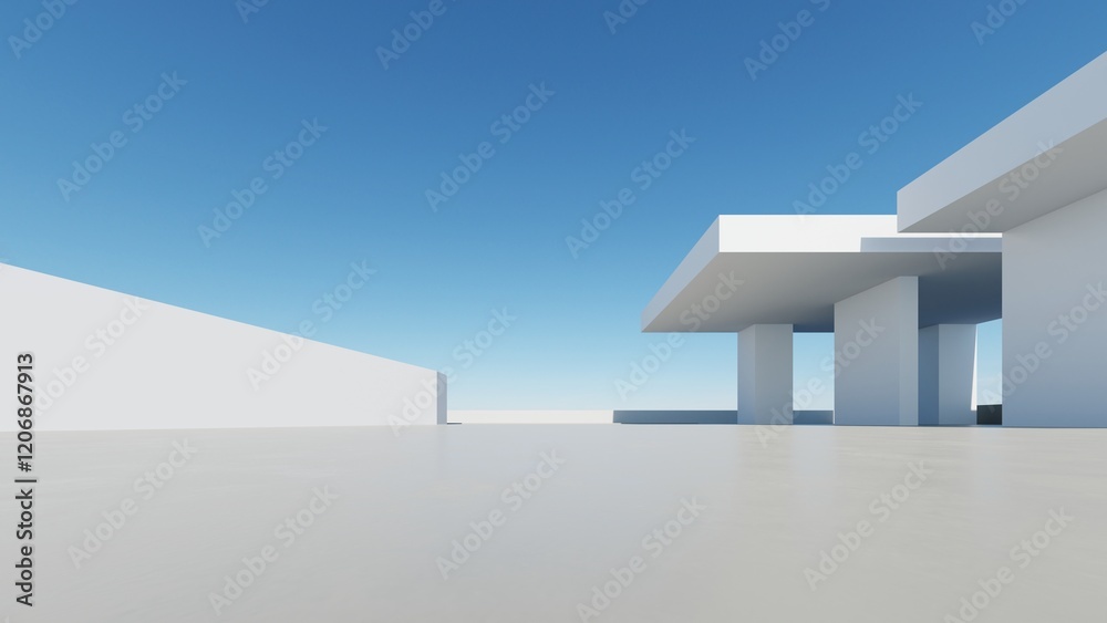 Aufkleber 3d render of abstract modern architecture with empty cement floor, minimal exterior, car presentatio