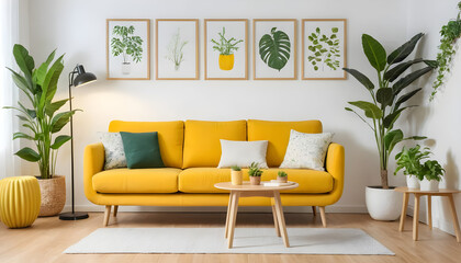 ai of living room yellow sofa design and photos frame on wall and wooden floor and wooden table