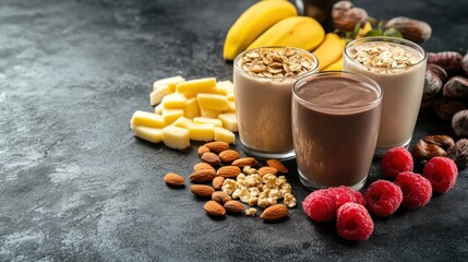 A nutritious post-workout snack, featuring protein shakes, nuts