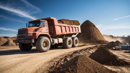 Obraz premium Heavy dump truck transporting dirt on dusty construction site road