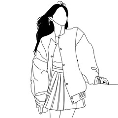 Minimalist black and white line art depicting a faceless woman in a casual jacket and pleated skirt, conveying fashion, elegance, and simplicity.