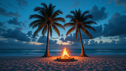 Tropical beach at twilight with bonfire glowing between two palm trees