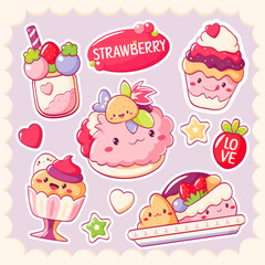 Set of stickers with cute dessert in kawaii style. Cake, muffin, cupcake with whipped cream and strawberry. Inscription Cute, Sweet. Can be used for t-shirt print, sticker, greeting card. Vector EPS8