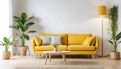 AI image of living room yellow sofa and wooden table and houseplant with white wall and wooden floor