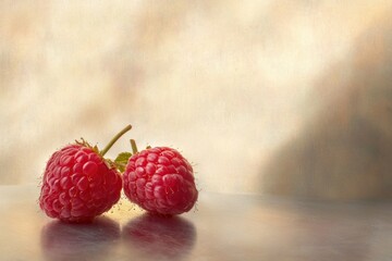 Two ripe raspberries on a reflective surface.