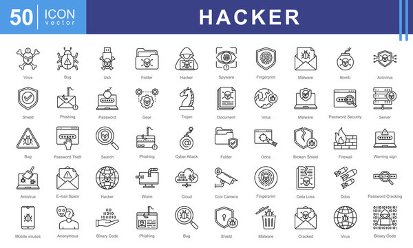 Hacker icon collection set. Containing computers, code, cybersecurity, software, hacker activity,  worm virus, hacking, phishing, encryption. Perfect for tech projects, security apps, digital fiction.