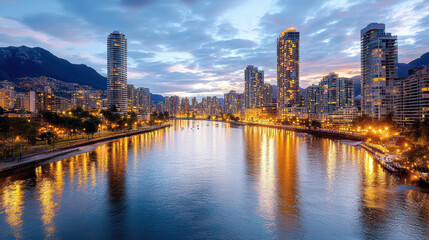 Obraz premium stunning skyline at dusk featuring river reflecting city lights