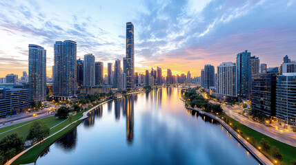 Naklejka premium stunning skyline city at dusk with colorful sunset reflecting on water