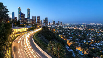 Fototapeta premium Stunning skyline view of city at dusk with vibrant lights and hills
