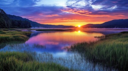 Fototapeta premium Colorful sunrise over misty lake, tranquil morning landscape, nature photography, for calendars or websites