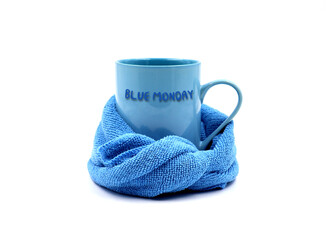 Blue mug with text 'Blue Monday' isolated on white background.