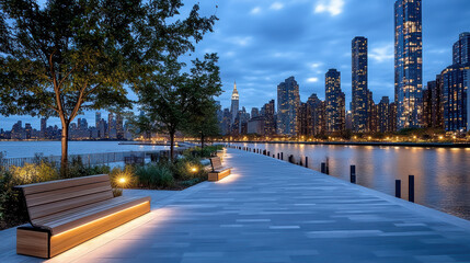 Obraz premium serene waterfront park at dusk, featuring modern benches and city skyline