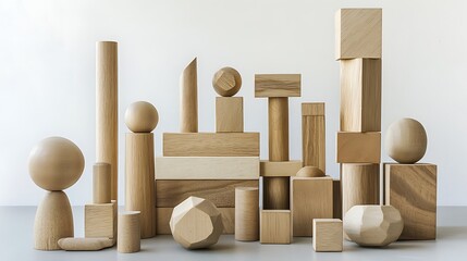  A collection of wooden geometric shapes arranged in various sizes and orientations.