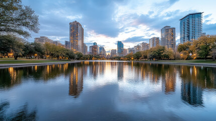 Fototapeta premium serene city skyline reflected in calm lake at dusk, showcasing vibrant colors