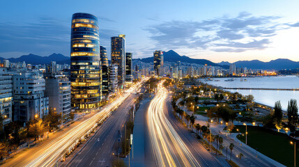Fototapeta premium vibrant skyline city at dusk with warm streetlight glow and flowing traffic