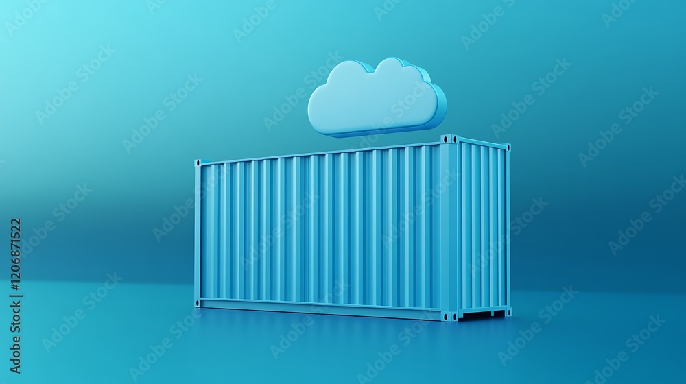 Poster blue shipping container with a cloud above on a gradient background representing storage and technol