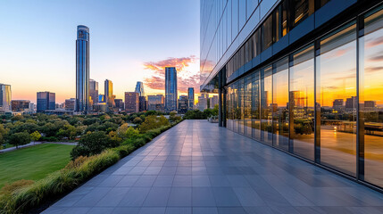 stunning skyline view at dusk with vibrant colors reflecting off glass