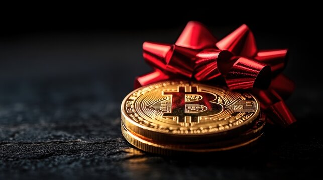 Bitcoin gift with red bow on dark surface creates a festive atmosphere for cryptocurrency enthusiasts during the holiday season