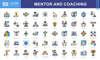 Mentor and Coaching icon collection set. Containing coach, students, presentations, guidance, trainee program and learning materials. Great for education, workshops, or self development services.