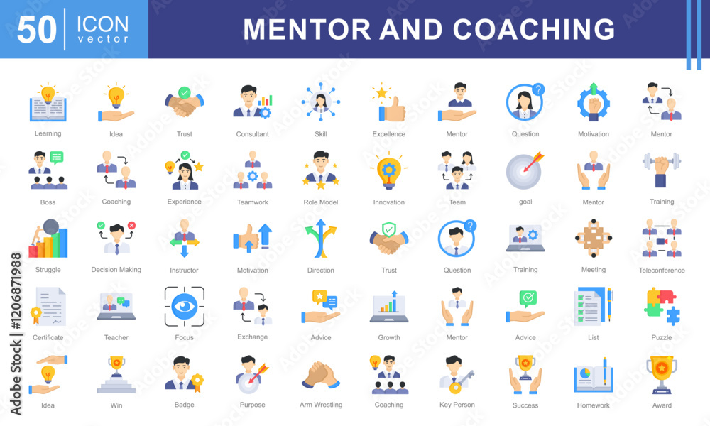 Poster Mentor and Coaching icon collection set. Containing coach, students, presentations, guidance, trainee program and learning materials. Great for education, workshops, or self development services.