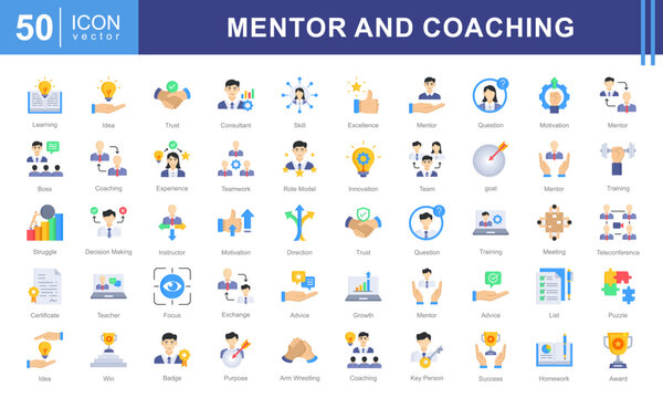 Mentor and Coaching icon collection set. Containing coach, students, presentations, guidance, trainee program and learning materials. Great for education, workshops, or self development services.