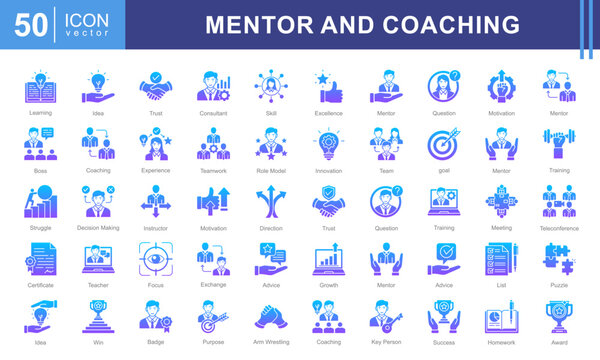 Mentor and Coaching icon collection set. Containing coach, students, presentations, guidance, trainee program and learning materials. Great for education, workshops, or self development services.