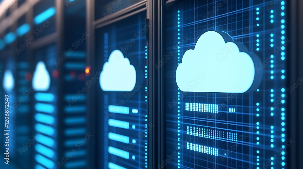 Poster cloud computing concept with data servers and digital elements in a modern technology environment