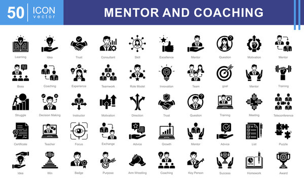 Mentor and Coaching icon collection set. Containing coach, students, presentations, guidance, trainee program and learning materials. Great for education, workshops, or self development services.