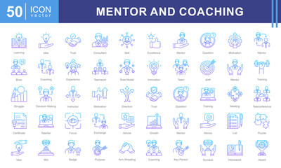 Mentor and Coaching icon collection set. Containing coach, students, presentations, guidance, trainee program and learning materials. Great for education, workshops, or self development services.
