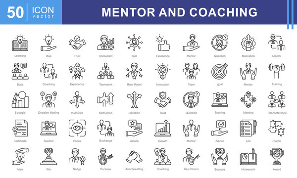Mentor and Coaching icon collection set. Containing coach, students, presentations, guidance, trainee program and learning materials. Great for education, workshops, or self development services.