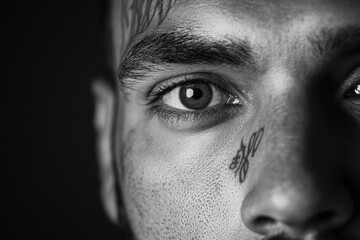 Naklejka premium Close-up of a man's eye with facial tattoos and intense expression captured in black and white