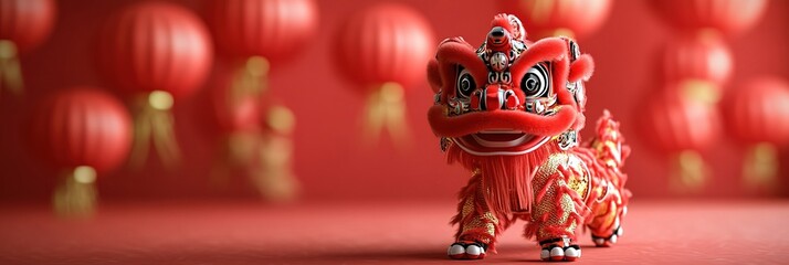 Festive 3D Chinese Lion Dance in Virtual Exhibition Hall: Vibrant Red Abstract Marketing Background. AI-Generated High-End Design for Posters, Banners, and Digital Media. Creative Cultural Fusion for 