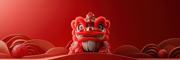 Festive 3D Chinese Lion Dance in Virtual Exhibition Hall: Vibrant Red Abstract Marketing Background. AI-Generated High-End Design for Posters, Banners, and Digital Media. Creative Cultural Fusion for 