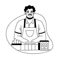 A glyph illustration of a shopkeeper selling things 

